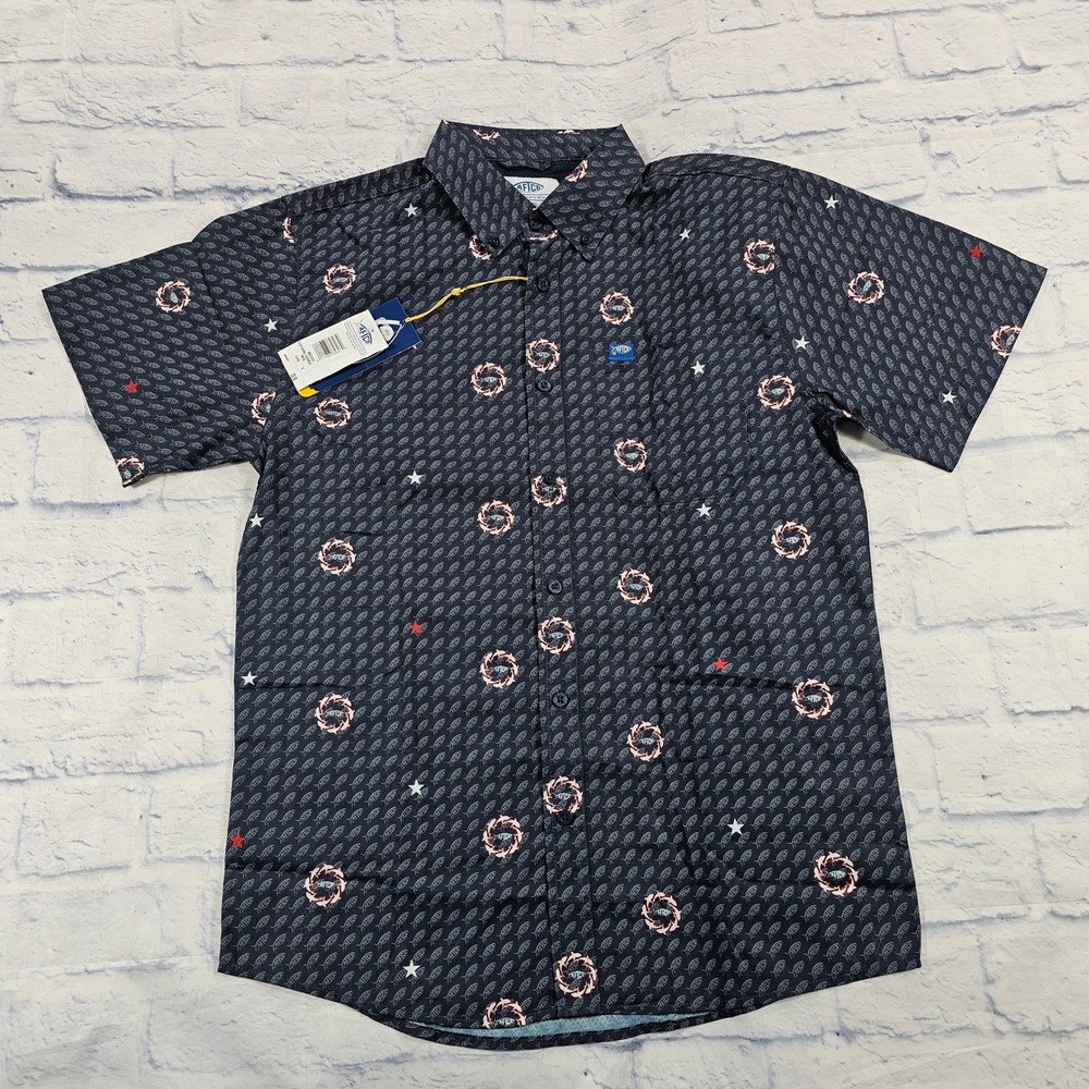 AFTCO Captains Lounge Shirt Men S Midnight Blue Fish Star Short Sleeve Vented